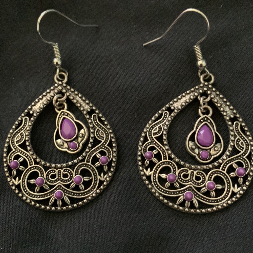 Boho purple silver earrings